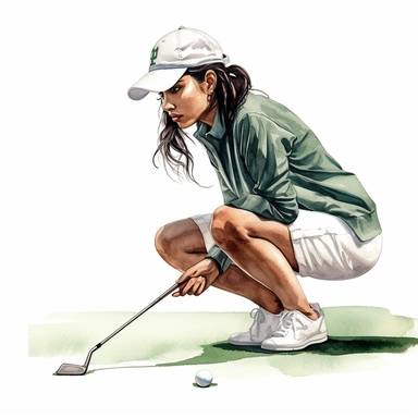 Idyllic watercolor clipart of a young Indian modern female golfer with dark hair in white close fitting sports golf clothes using the putting club on the putting green, isolated on a pure white background, insane detail,