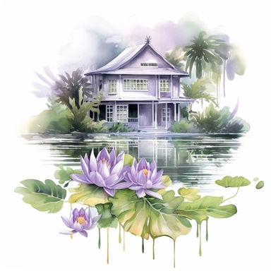 Lotus Lake House - From the Whimsical Botanical Dwellings collection, this watercolor clipart presents a serene lake house made from Orchid Elegance lotus flowers and Fern Green leaves. The design stands out from the white background, highlighting the intricate detailing and the rich contrast between the deep purple lotus flowers and the lush green leaves.
