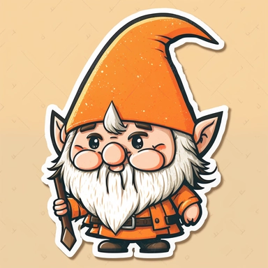 cute chibi happy gnome with big white beard, wearing big orange spike hat, clipart, in sticker style, in comics style, cell shading