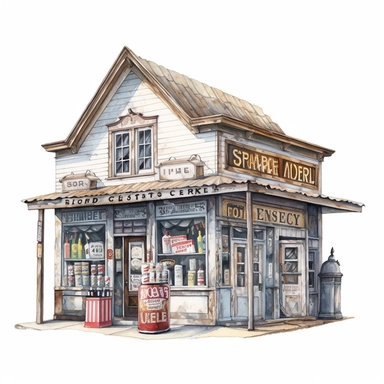 watercolor, hyper realistic, white background, white margins, 16k, ultra detailed clipart, cut out image, hand-drawn An old-fashioned general store with a wooden storefront and vintage signage selling goods like jars of candy and vintage soda bottles.