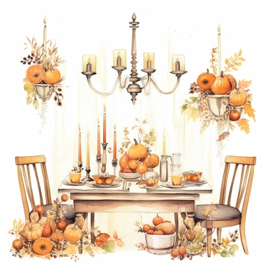 watercolor, hyper realistic, white background, white margins, 16k, ultra detailed clipart, cut out image, hand-drawn cozy dining room, with a table set for a delicious autumn meal, candles, and seasonal decorations. in the style of pencilsteampunk, delicate watercolor, creative commons attribution, miniaturecore, grocery art, white and amber, website