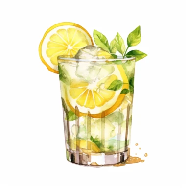 watercolour, lemon cocktail, soft and muted pastel nuances, clip art, high quality details, white background, 8k, f1