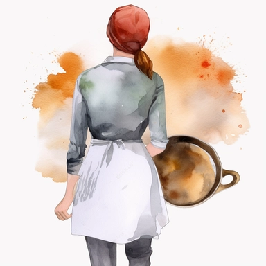 watercolor A woman's face, fullbody, back view Wearing a cook's hat back view female chef cooking holding a frying pan cooking vividly bold designs png Full body realistic cartoon in 32K UHD cute. 15 cm thick outline. There was no shadow on the ground. 8k with realistic watercolors. and detailed illustrations. PNG clipart, transparent white background