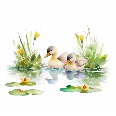 create an image of a pond with baby geese swimming on a white background, clipart, watercolor, 8k, vibrant