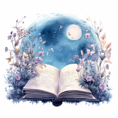 fantasy scene coming out of an open book, moon fairies stars, florals, magical, watercolors, Clipart, pastel blue color theme