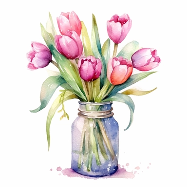 Watercolor tulip in vase bouquet clipart , white background