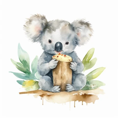 koala bear eating watercolor clipart, white background