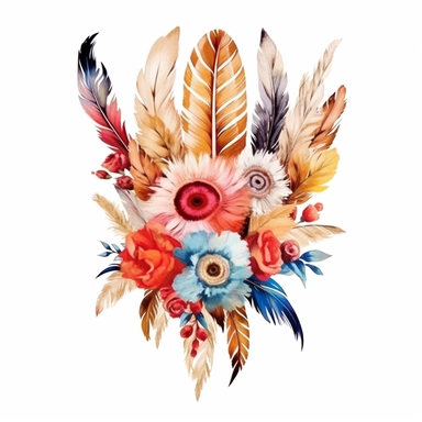 Design an auto sticker that exudes bohemian elegance through a combination of boho feathers and watercolor floral clipart bouquets. Let the graceful feathers and vibrant flowers create a captivating visual dance. Allow this design to reflect the free-spirited and sophisticated nature of the boho aesthetic.