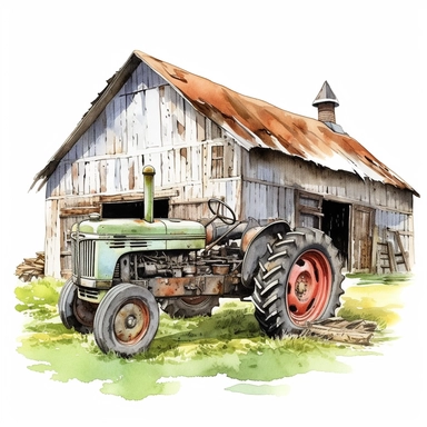 Farm Tractor , barn, farmhouse ,style by Lucy Fleming, watercolor, smooth gradients, black contour outline, ultra detailed, clipart elements, delicate pastel colors, solid white background, super clear, high quality