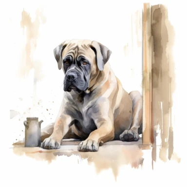 Cane Corso lounging in a cozy corner of a rustic home, reflecting its calm and relaxed demeanor, white background, watercolor clipart.