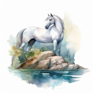 A clipart that shows a majestic sitting horse in a graceful pose on a white background. The horse's body is elegantly curved to emphasize its beauty and grace. It may be standing on a slight hill or in an idyllic landscape. The water colors give the clipart a soft and flowing look. The colors can be soft and pastel to create a calm atmosphere. Use different shades of blue for the background to create a natural water or sky look. The contours of the horse are subtle and well defined to clearly sh