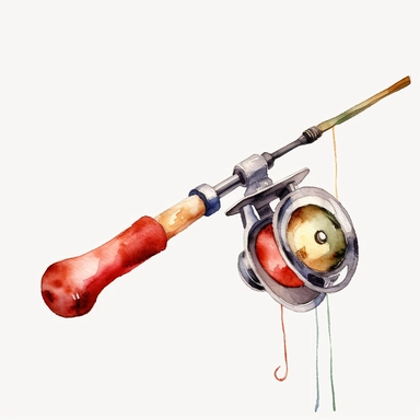 Watercolor fishing pole clipart, white isolated background, space out, hd