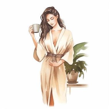 a watercolor sticker of a woman in white dress watering a big house plant. Clipart. Neutral beige faded color palette. White background. Artistic illustration. Hand-drawn.
