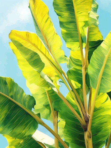 watercolor clipart, a group of banana leaf with a clear blue sky behind it, in the style of ingrid baars, light yellow and light emerald, caffenol developing, bloomcore, softly organic, warmcore, unusual cropping