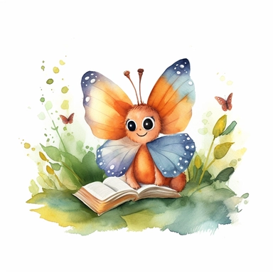 children book illustration. cartoon butterfly sitting in a garden. Watercolor clipart. Pixar animation