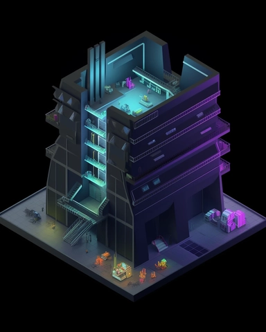 isometric perspective, game sprite, futuristic random public building concept, gaming asset, sci-fi, fun, creative, cartoon, clipart, hyper-detailed, black background,