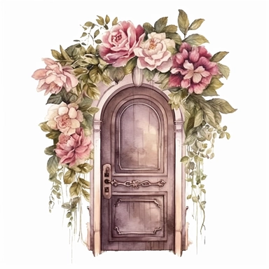 watercolor style, vintage romantic floral door, clipart, isolated on white background, 4K,