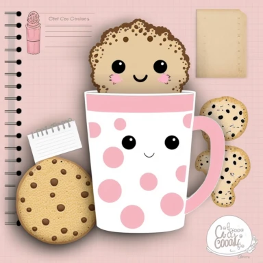 cookie character, clipart, mascot, to do list clipart, planner clipart, stationary, coffee cup, pink and white, c20, no words or letters, no numbers