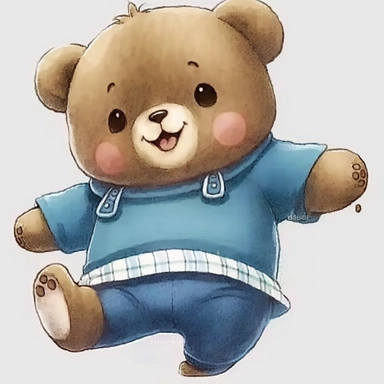 teddy bear wearing blue sweater, happy, smiling, in the style of animated gifs, detailed character design, in the style of lively and energetic, aurorapunk, realistic portrayal, childlike innocence, ricoh ff-9d, detailed costumes, soft watercolours , in the style of childlike innocence and charm, animated exuberance, emotive body language, animation, realistic watercolors, white background, clipart