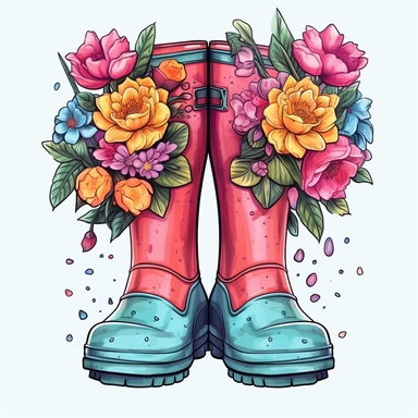 Spring Garden Rain Boots Design - Rain Boots with Flowers Clipart style by Lucy Fleming, watercolor, smooth gradients, black contour outline, ultra detailed, clipart elements, delicate pastel colors, solid white background, super clear, high quality
