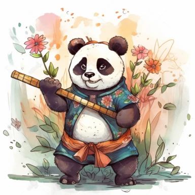 a happy panda with a bamboo shoot and a martial arts belt, depicted in a whimsical, cartoon style, watercolor, surrounded by colorful flowers and butterflies. The mood of the artwork is cheerful and playful, with a soft pastel color palette. The lighting style is bright and sunny, evoking a warm and inviting feeling. clipart design graphic, vector, contour, super cute, isolated white background, high quality, 2d, flat