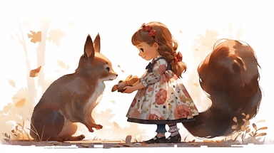 squirrel and Acorn, Little girl exploring, illustration for book, children's book, 2 clipart, fiorucci angels, beautiful decoupage paper, pastel colors, white background clipartm, fantasy art, squirrel ears, perfect eyes, detailed body, Watercolor Clipart, strybk, full Illustration, 4k, sharp focus, watercolor, smooth soft skin, symmetrical, soft lighting, detailed face, concept art, watercolor style, strybk, children's style fairy tales, chibi kawaii, Octane rendering, 3d. Perfect face, detaile