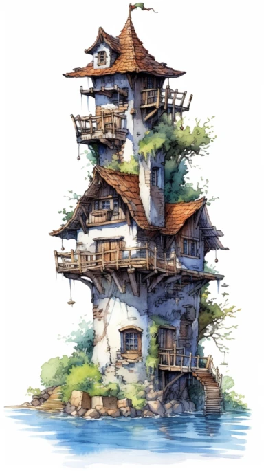 isolated images, illustrations on a white background, realistic medieval rustic druid house on a tiny island, Clipart, watercolor, realistic, isolated, full body, long brown blue dress,, highly detailed, hdr, 32K, photo expert quality, watercolor realistic, hyperrealistic and highly detailed, isolated on a white background