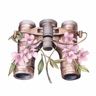 hand drawn , watercolor, hyper realistic, white background, white margins, 16k, ultra detailed clipart, cut out image, hand-drawn, ultra HD, sharp and clean art a vintage binoculars with delicate floral , capturing the romantic and feminine aesthetics often associated with vintage fashion and travel. light pink pastel