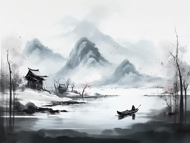 The mountains in winter are covered with snow, and there is an ancient Chinese boat on the glacier, An old man fishing is sitting on the bow, soft illumination, Impressionism, Traditional Chinese Ink painting, Clipart, no background, trending in Artstation