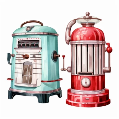 beautiful vintage old hollywood home appliances, paint art style, clipart, white background, superrealistic, one of a kind