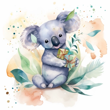 A beautiful one of the kind watercolor clipart featuring a cute koala with birthday party theme, background of olive branches in the style of delicate watercolors, wallpaper, 32k uhd, hand - painted details, oshare kei, wimmelbilder, joyful celebration of nature, close up, isolated on white plain background