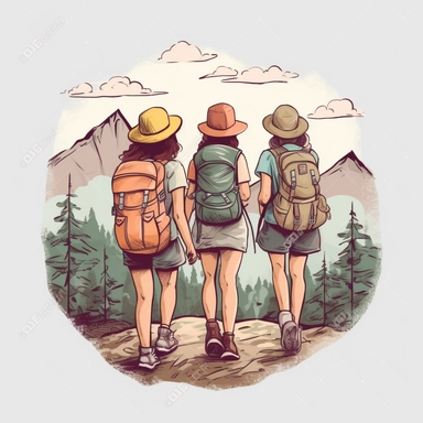 clipart, three girls hiking with backpacks and hiking outfits, back facing image, beautiful and high quality, outdoorsy, nature, friendship, isolated on transparent background, PNG format, 3000x3000 pixels