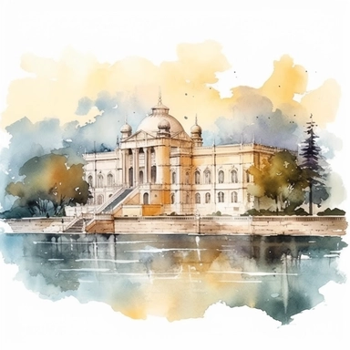 watercolor dolmabahçe palace seen from the sea the bosphorous bank and hills in istanbul in turkiye, be loyal to its modern architecture and please refer to real life pictures for utmost realism, illustrations clipart set, simple, , cartoon elements ,different variants ,, separate elements with a margin