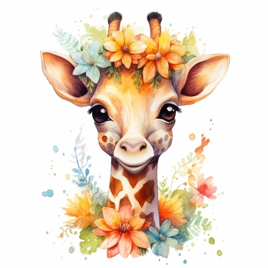 a captivating watercolor clipart image with a white background and white margins, featuring a cute sweet kawaii extremely happy smiling baby giraffe suurounded by flowers. The ultra-detailed, hand-drawn elements capture the details. Use vibrant shades of various colors to create a visually appealing image