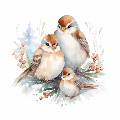charming family of 4 sparrow, Christmas morning, festive decor and mood, ornamental watercolor, clipart