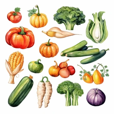 watercolor, Fresh organic vegetables set. Natural healthy food products. Different veggies, pumpkin, pepper, broccoli, carrot. Vegan agriculture harvest. png Full body realistic cartoon in 32K UHD cute. 15 cm thick outline. Black color. There was no shadow on the ground. 8k with realistic watercolors and detailed illustrations. PNG clipart, transparent white background