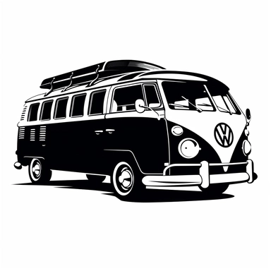 a simple fully black silhouette about a vw caravan car, clipart, white background