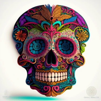 2d artistic sugar skull clipart style with beautiful detailed features. tribal astetics, pure white background with clear edges around skull. colorful but not radiant. mystical, meaningful, epic, for sublimation and cutout out so nothing outside of the lines. only 1 skull, hd, extreme detail