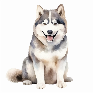 A simple watercolor clipart of a very fat and cute happy Siberian Husky puppy, sitting with happy face, no dog collar, full body, simple lines, outlines only, flat colors, white background,