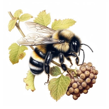Fluffy Bumblebee on a grapevine, highly detailed, acrylic paint, 16k, realistic, isolated on a white background, clipart