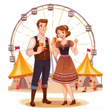 German man in lederhosen and woman in dirndl toast with one mug of beer at the oktoberfest with the ferris wheel in the background, clipart, white background