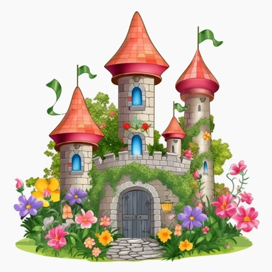 Sticker Clip Art of a medieval fairy tale castle, garden with flowers, illustrated in playful and realistic style, children friendly, perfect for any special occasion, cut out in the shape of a castle, children friendly, with no visible background, giving it the appearance of a sticker, edited with Adobe Photoshop to adjust brightness and contrast, rendered as a transparent PNG file with a high resolution to ensure a crisp and clear image with no pixelation, suitable for various applications suc