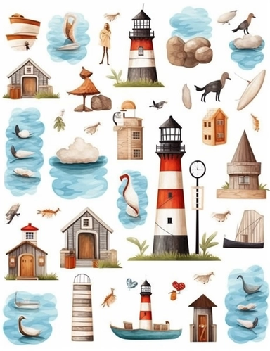 Isolated white background, sticker sheet, multiple items, spaced out, Watercolor Coastal Decor Clipart Summer Seascape Nautical Beach interior Lighthouse clip art Summer Wooden Sea Decor Fishing net