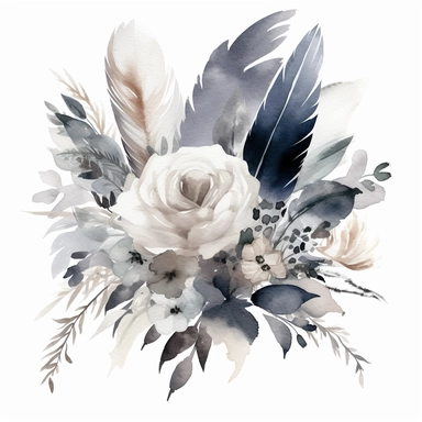 Watercolor dusty greay and white feathers bouquet clipart white background no text wedding style eligible for transparent background