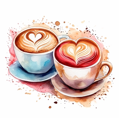 Two coffee cups with latte art of a heart clipart, white background, watercolor drawing