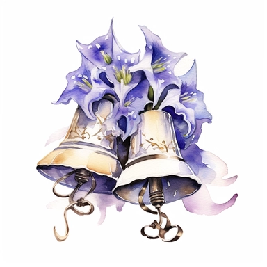 highly detailed image of watercolor style clip art wedding bells with additional overlapping accessories on a white background