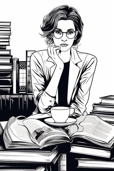black and white Line Art beautiful young modern Woman drinking coffee at her desk with Lot of books, isolated handpainted minimalist Logo style, thin outline Line Art cartoon Clipart Style, White Background