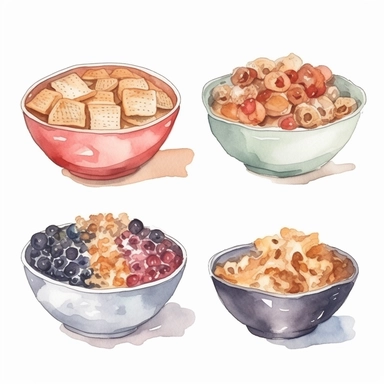 outlined watercolor illustration, bowl of cereal, clipart set, white background with margins, 8k