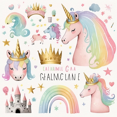 rainbow pastel unicorn, fairy, princess castle, princess crown, rainbow, plastercine, soft watercolour light, clipart svg white background