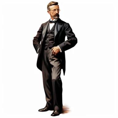 full profile arms and legs of joseph pulitzer, black suit and bow tie, American history, clipart